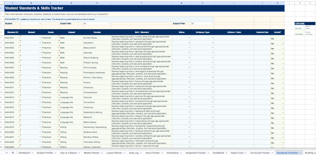 Standards checklist view