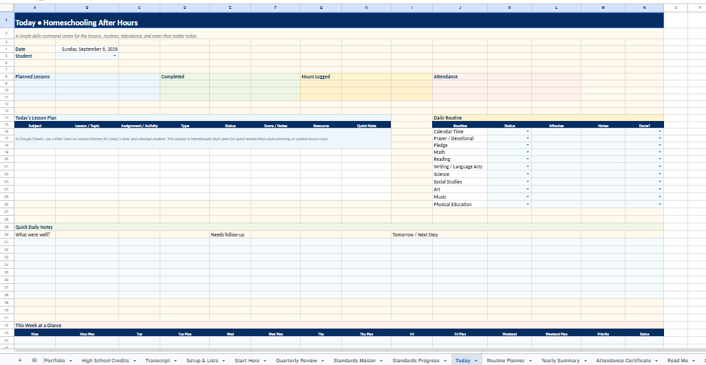 Daily homeschool planning view