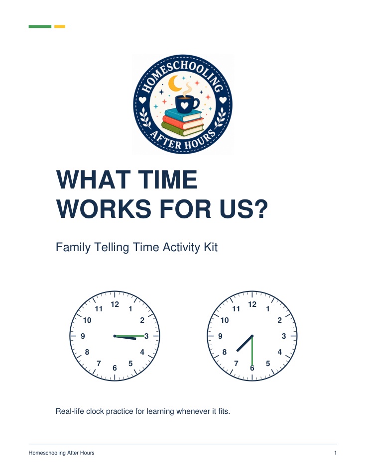 What Time Works for Us family telling time activity kit cover