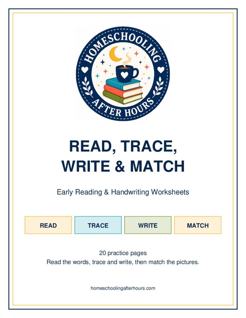 Homeschooling After Hours Read, Trace, Write and Match pack with 20 early reading worksheets
