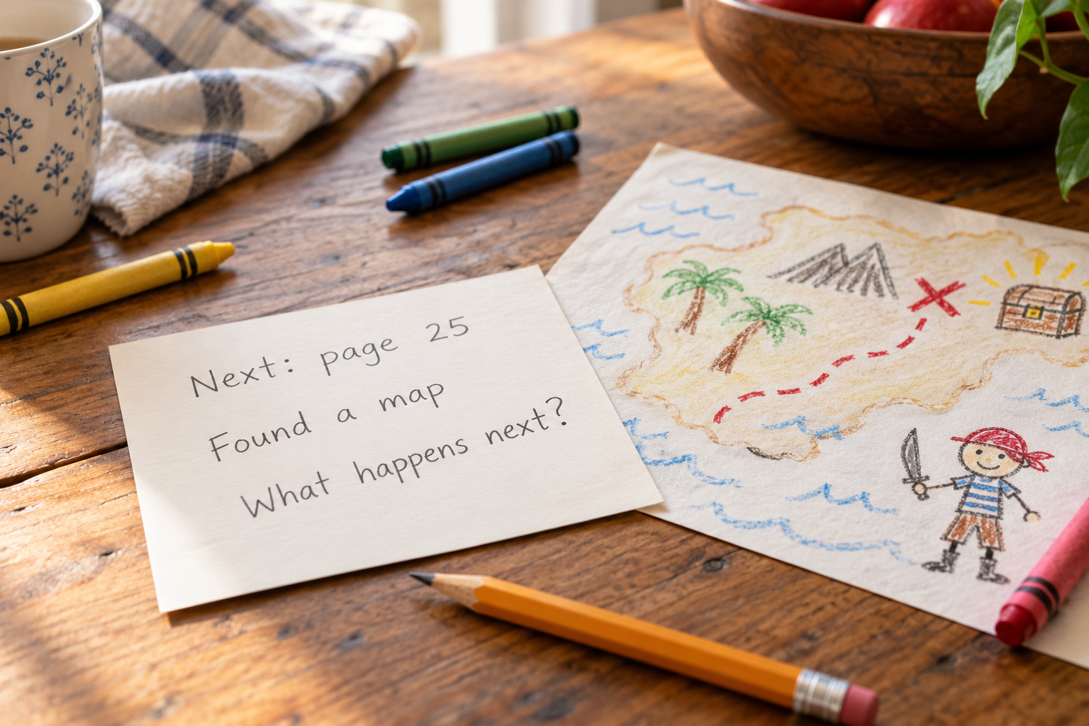Child's crayon map beside a handwritten story handoff note with the next reading page